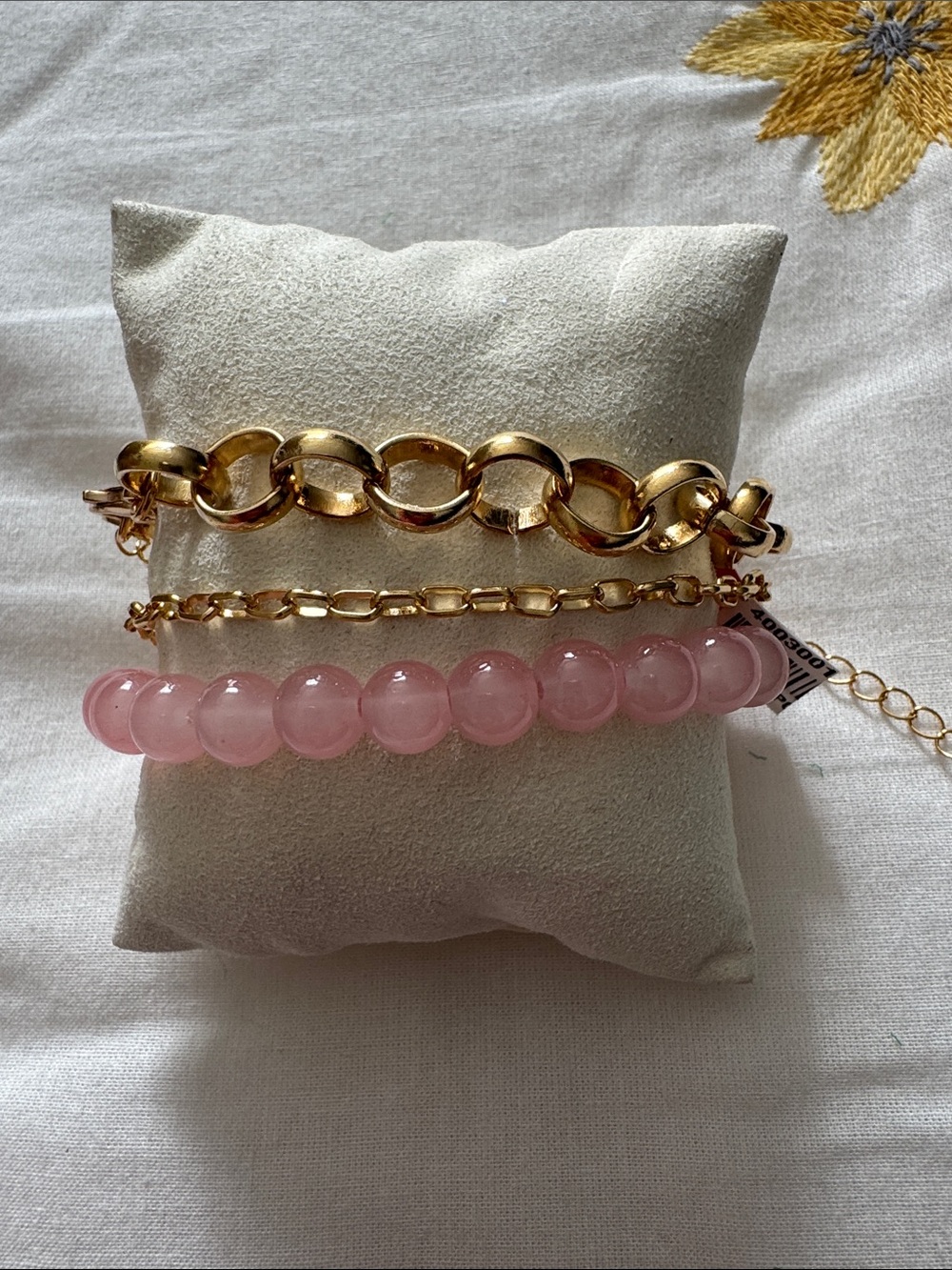 Source Unknown Gold Link and Pink Bead Bracelet Set